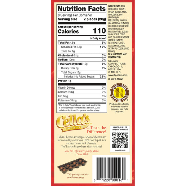 Cella's, Chocolate Covered Cherries, 8 oz, Peanut Free, Gluten Free, Contains Milk and Soy.