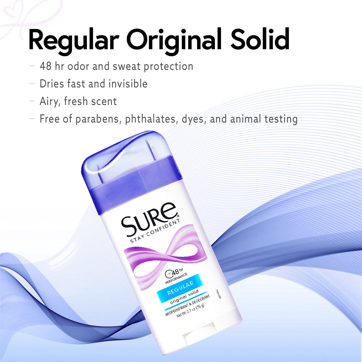 Sure Solid Anti-Perspirant Deodorant Original Solid Stick, Regular Scent, Women, 2.7 oz