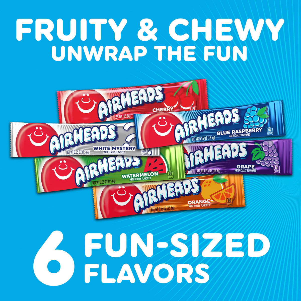 Airheads Peanut-Free Full-Size Chewy Candy Bars, Assorted Fruit Flavors, Bulk Candy Individually Wrapped, 60 Count Display Changemaker Box