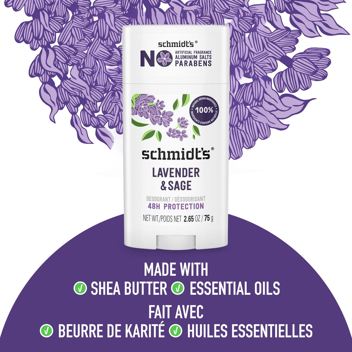 Schmidt's Lavender & Sage 24 Hour Odor Protection Aluminum-Free Vegan Deodorant, 2.65 oz