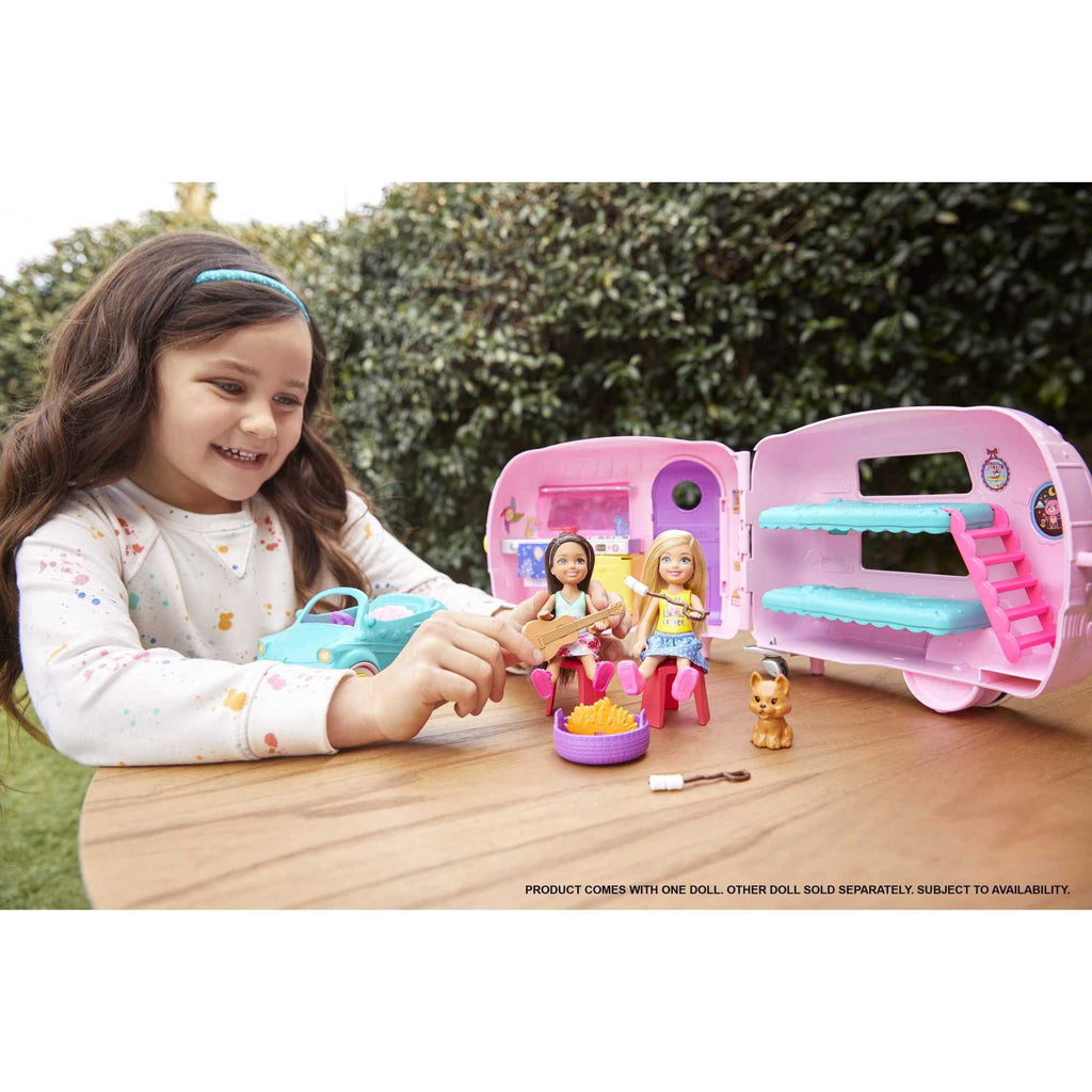 Barbie Club Chelsea Pink Camper Playset, Blonde Small Doll, Pet, Car & 10+ Accessories, Toy for 3 Years and Up