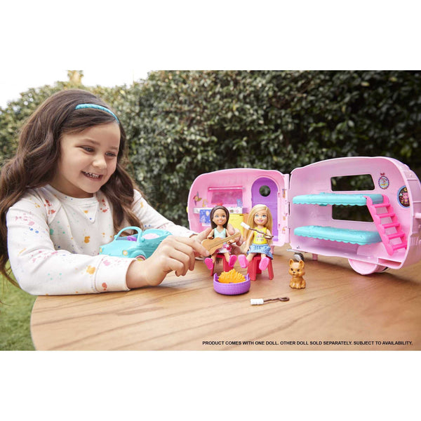 Barbie Club Chelsea Pink Camper Playset, Blonde Small Doll, Pet, Car & 10+ Accessories, Toy for 3 Years and Up