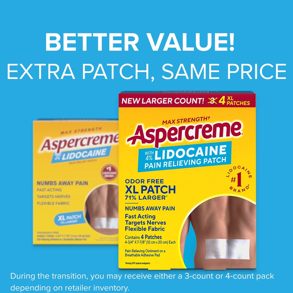 Aspercreme Lidocaine Pain Relief Patch XL for Back, Neck & Shoulder Pain, Topical Patches With Max-Strength 4% Lidocaine & Flexible Fabric Numbs Away