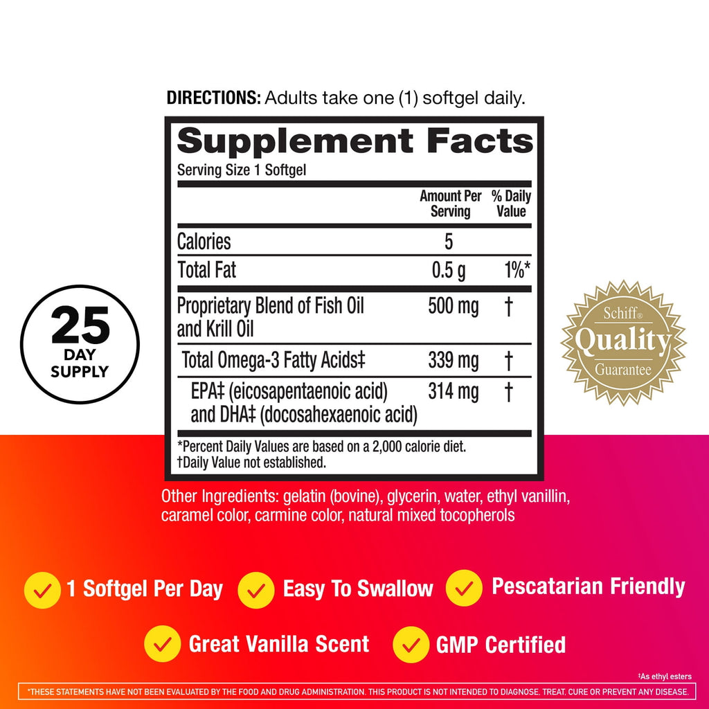 MegaRed Advanced 4in1 500mg Omega-3 Fish Krill Oil Supplements, Heart Brain Eyes Joints Health Omega 3, 25 Softgels