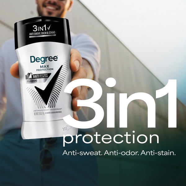 Degree 3in1 Max Protection Antiperspirant Deodorant Anti Sweat, Odor And Stains Classic 72-Hour Sweat And Odor Protection, 2.6 oz