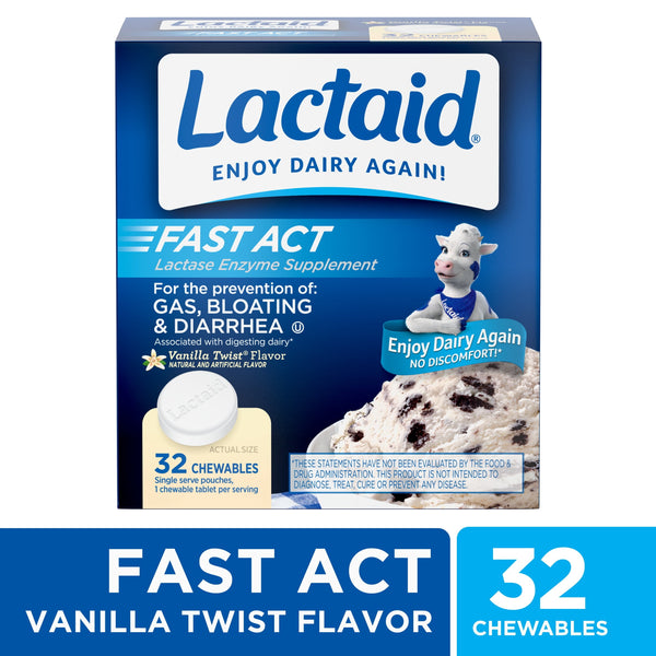 Lactaid Fast Act Lactose Relief Chewables, Vanilla, 32 Packs of 1 Count