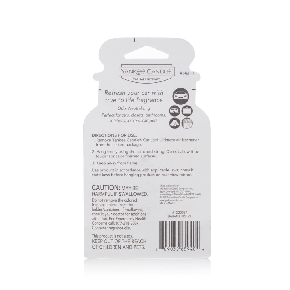 Yankee Candle Car Jar Ultimate Bahama Breeze Scent, Hanging Car Air Freshener, 1 Count