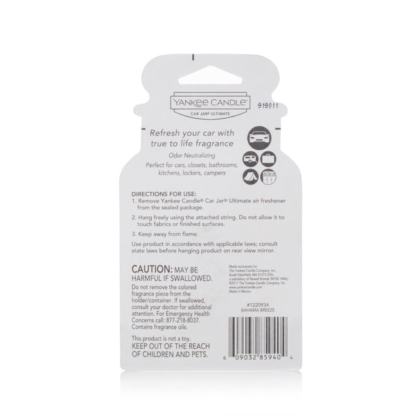 Yankee Candle Car Jar Ultimate Bahama Breeze Scent, Hanging Car Air Freshener, 1 Count