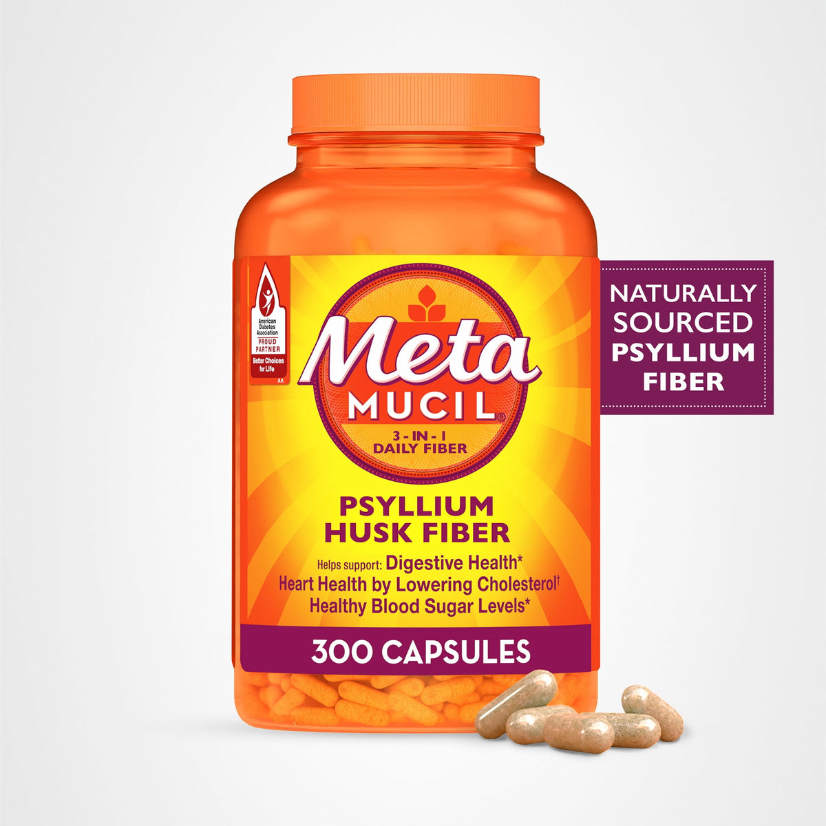 Metamucil Psyllium Husk Capsules, 300 Capsules, 3-in-1 Daily Fiber, GLP-1 Friendly Fiber>
