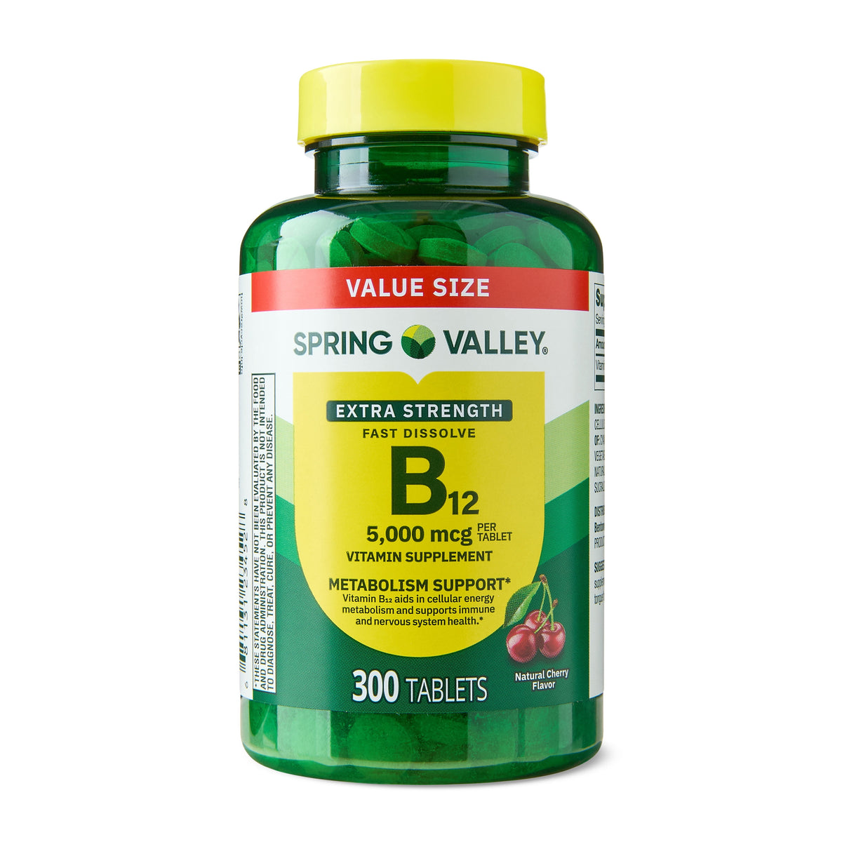 Spring Valley Extra Strength Vitamin B12 Supplement, Cherry, 5000 mcg, 300 Count, Fast Dissolve Tablets for Metabolism Support