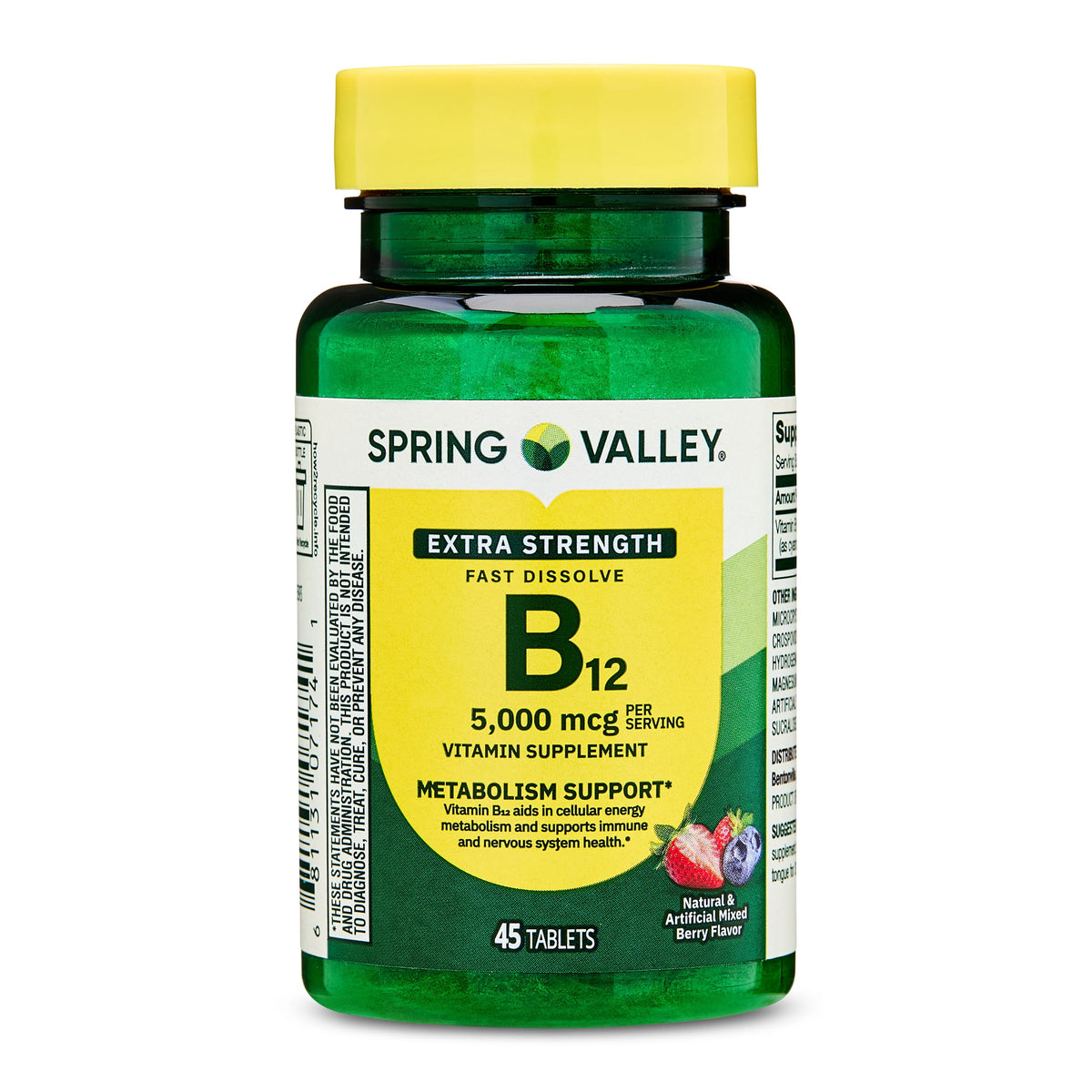 Spring Valley Fast-Dissolve Extra Strength Vitamin B12 Dietary Supplement Tablets for Metabolism Support, Mixed Berry, 5000 mcg, 45 Count
