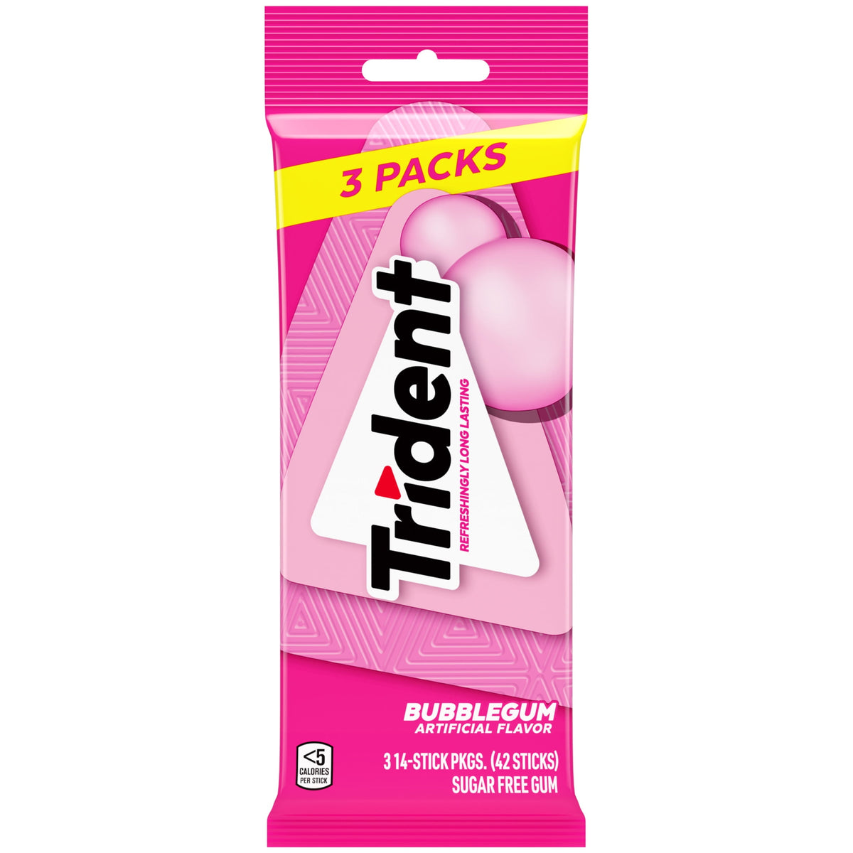 Trident Sugar Free Gum, Bubblegum, 3 Packs of 14 Pieces (42 Total Pieces)
