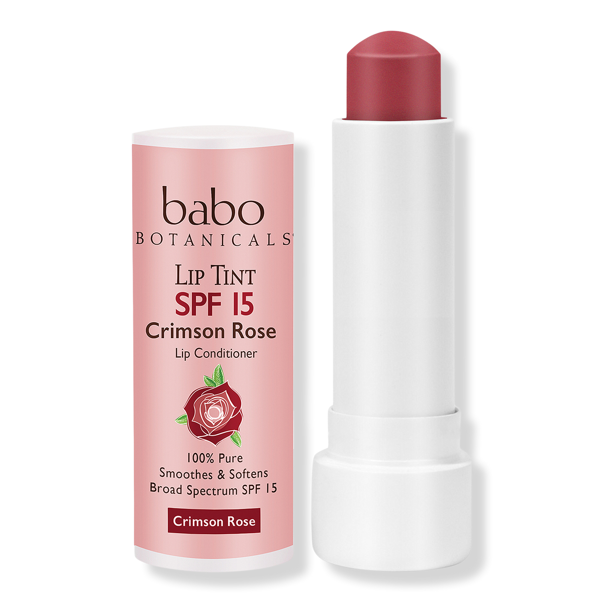 Babo Botanicals Sheer Lip Tint Conditioner, SPF 15 Mineral Sunscreen Lip Balm, Crimson Rose, 0.15 oz