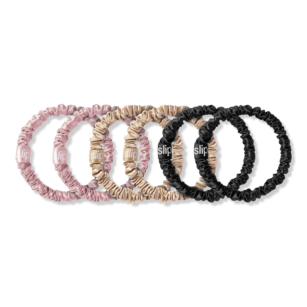 Slip Pink, Black & Caramel Pure Silk Skinny Scrunchies, 6 ea