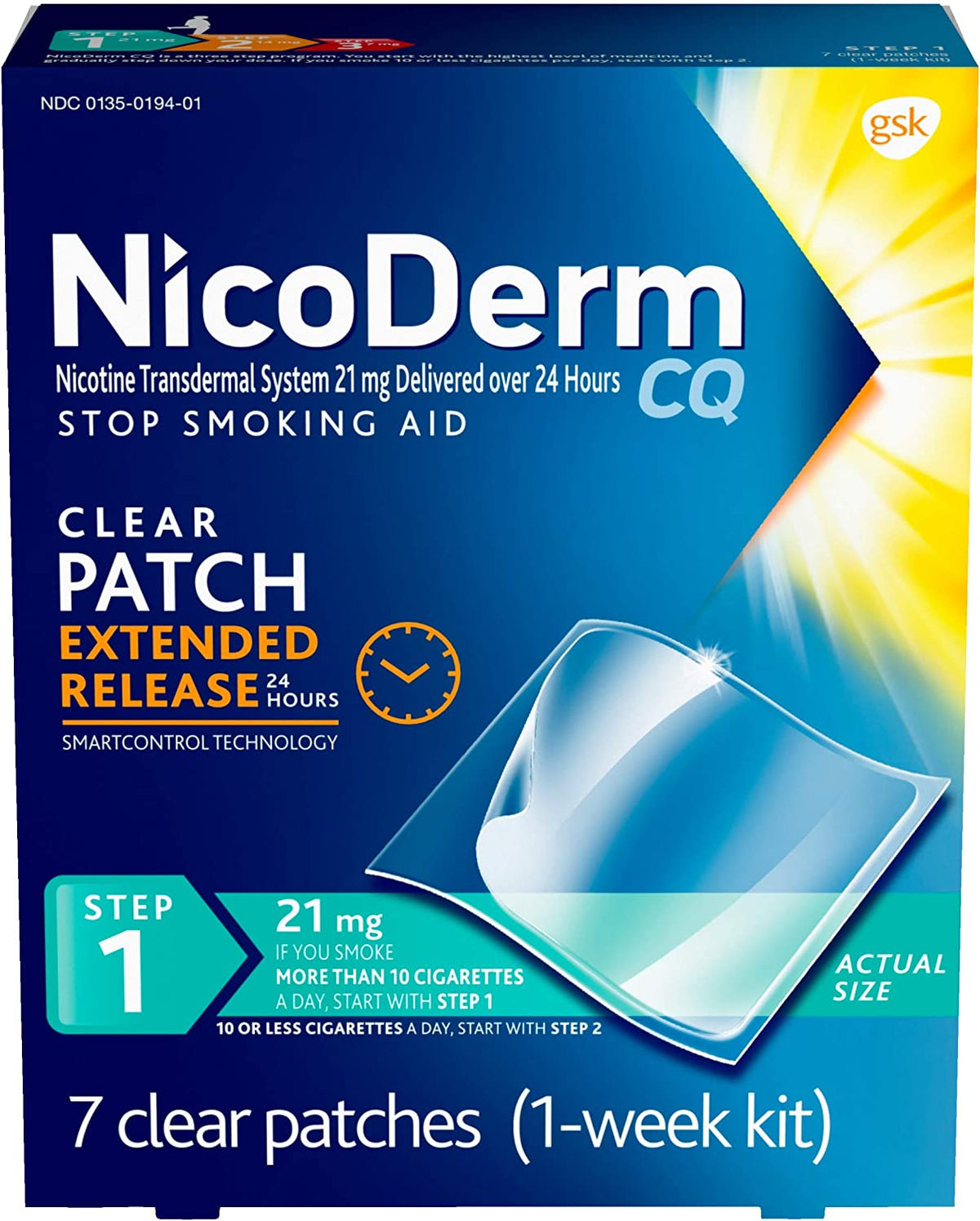 Nicoderm CQ Nikotinpflaster zur Raucherentwöhnung, Step 1, 21 mg, Clear, 7 Stk.