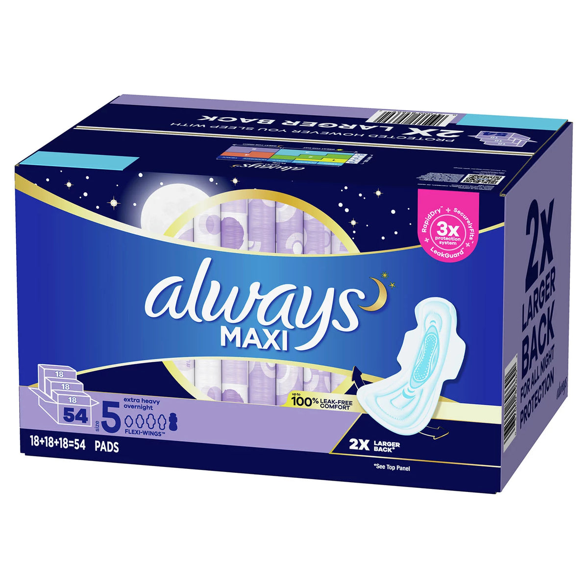 Always Maxi Pads Overnight Absorbency Unscented with Wings, Size 5, 54 ea
