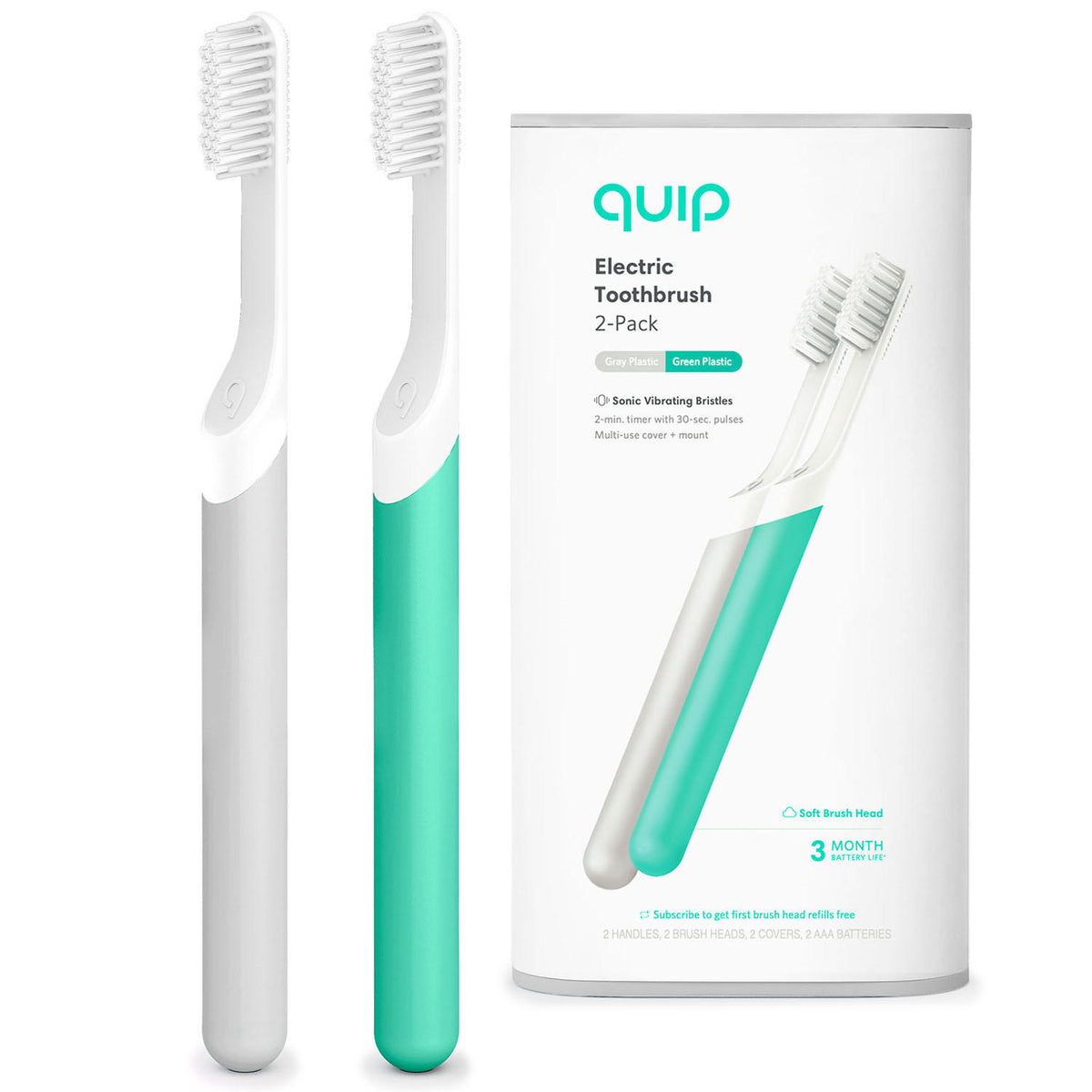 quip Electric Toothbrush, Green Plastic + Gray Plastic, 2 ea