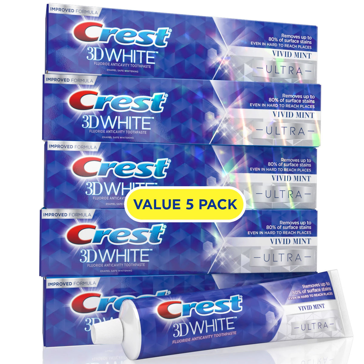 Crest 3D White Ultra Whitening Toothpaste Pack, Vivid Mint, 5 ea