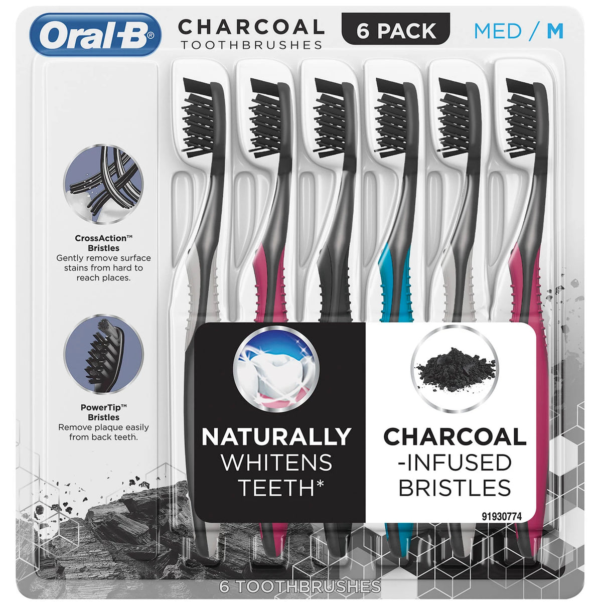 Oral-B Charcoal Whitening Therapy Toothbrush Pack, Soft or Medium, 6 ea