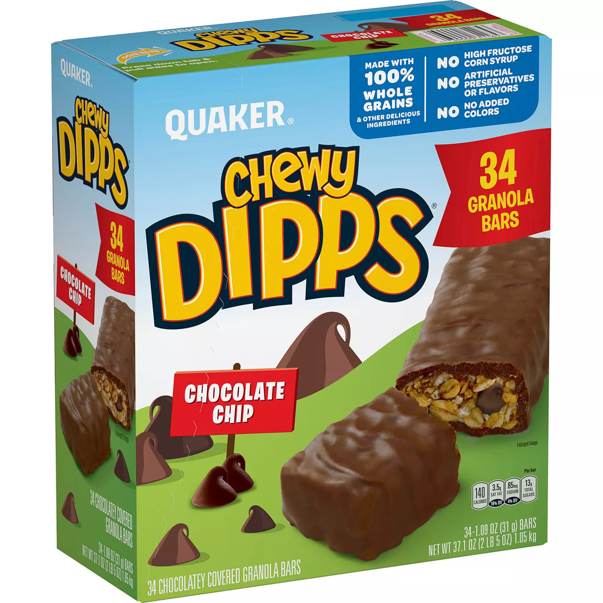 Quaker Chewy Dipps Granola Bars Pack, Chocolate Chip, 34 ea