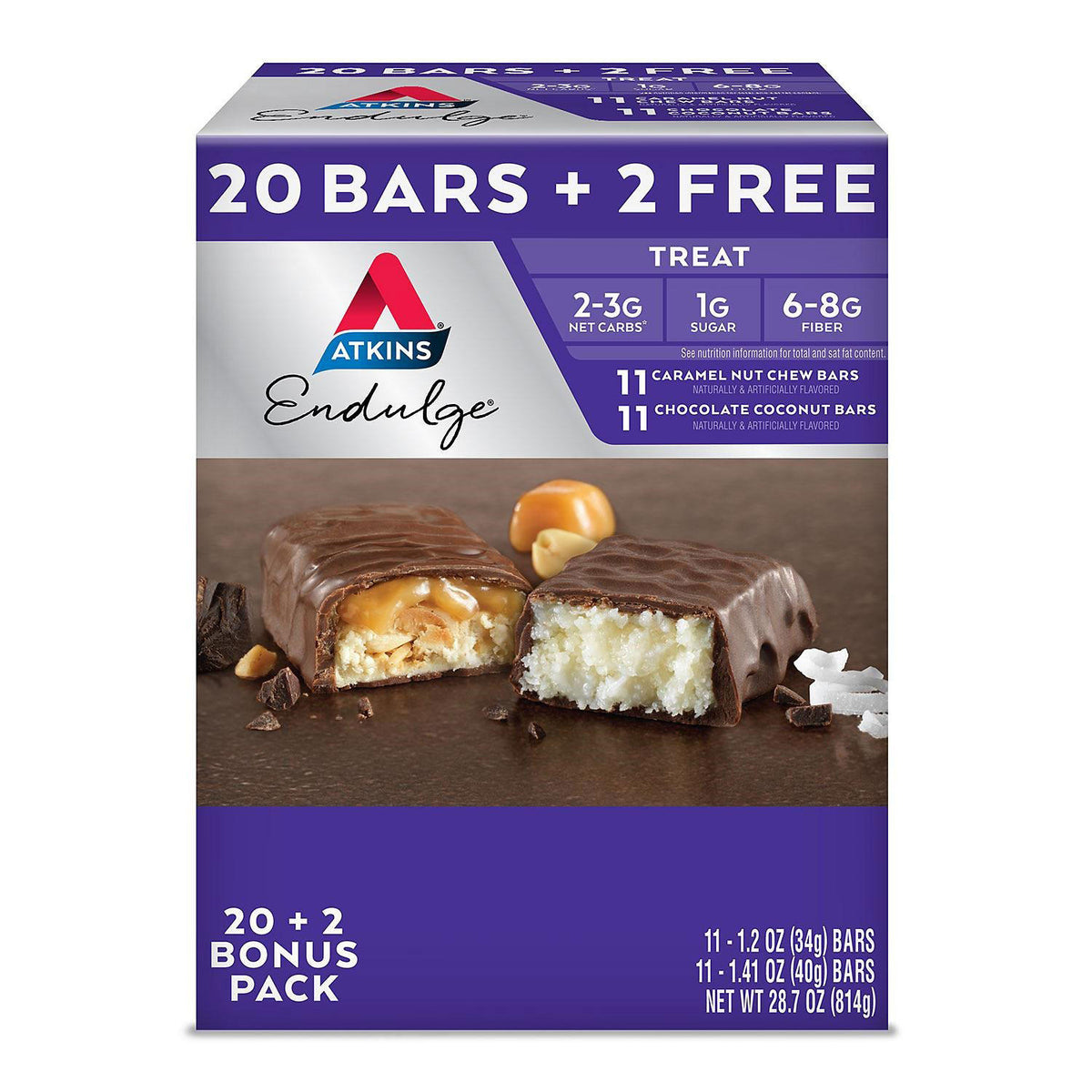 Atkins Endulge Variety Pack, Caramel Nut Chew and Chocolate Coconut Bars, 22 ea