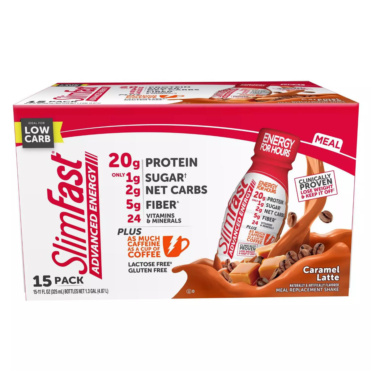 SlimFast Advanced Energy High Protein Replacement Shakes, Caramel Latte, 15 ea