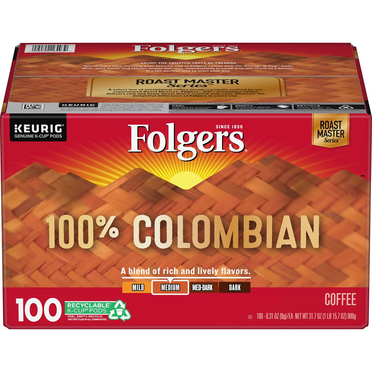 Folgers 100% Colombian Medium Roast Coffee K-Cups, 100 ea