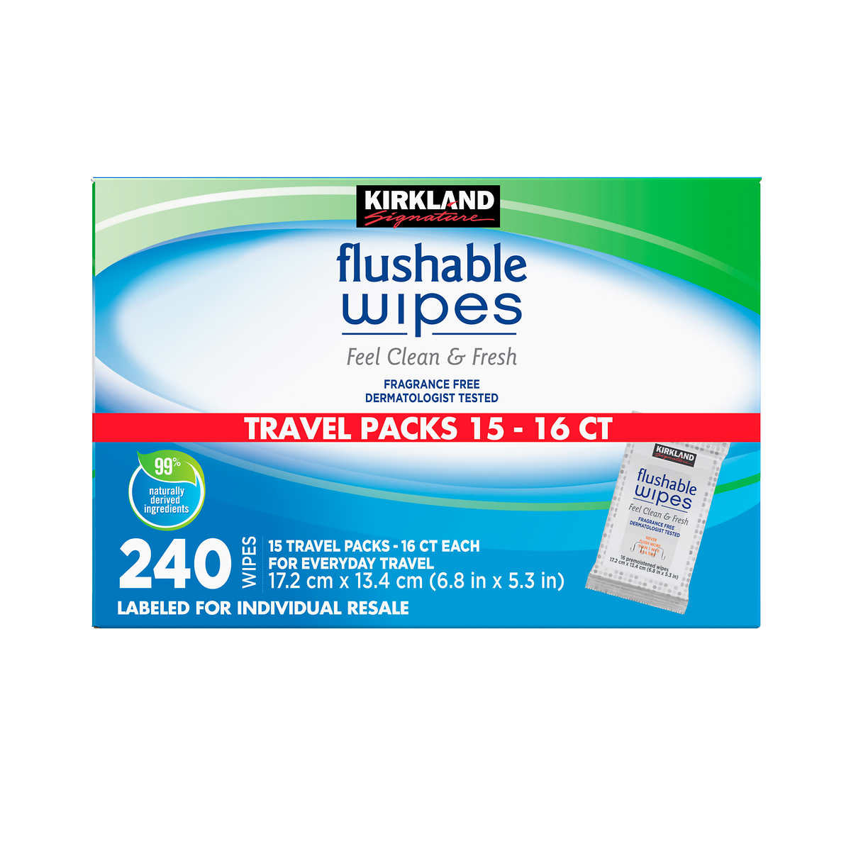 Kirkland Signature Moist Flushable Wipes Travel Packs, Unscented, 240 ea